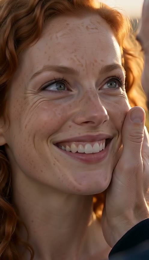 The woman, human again, smiling in golden light