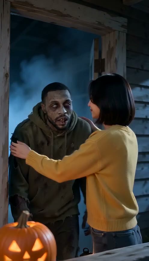 A zombie man stumbles toward a woman on a porch lit by jack-o'-lanterns