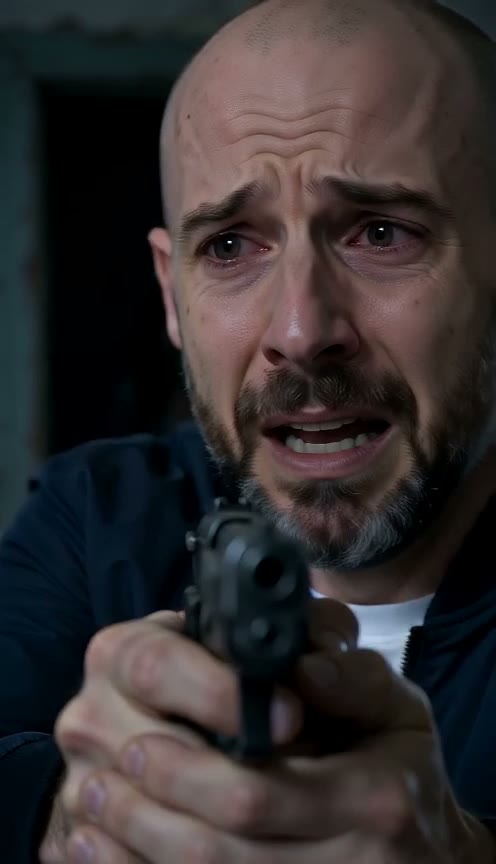 A man in tears aiming a pistol