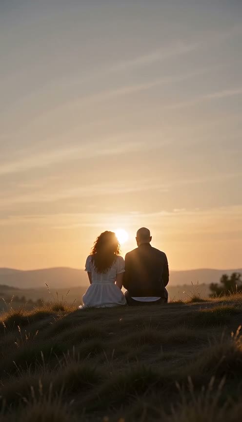 A couple sitting together on a hill at sunset