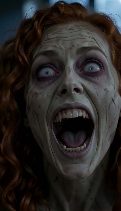 Close-up of the zombie woman with milky eyes